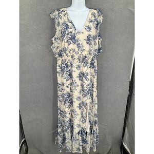 Express Maxi‎ Dress Womens XL Floral Ruffle Sleeves Cream Blue Romantic Bohemian